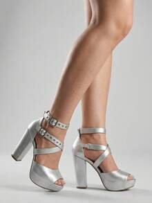 Women's Platform Sandal With High Chunky Heel P15 - 銀色 - 查看 1