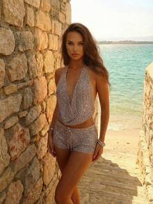 女士夏季两件套针织套装，无袖吊带系带针织上衣搭配抽绳短裤，沙滩度假休闲风，修身性感驼色套装，女士夏季服装 - 駝色 - 查看 6