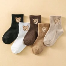 5双装婴儿幼儿可爱小熊船袜 - 柔软中性短袜，透气卡通动物袜套装，适合婴幼儿、儿童、男孩、女孩 - 棕色 - 查看 3