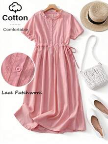 女士休闲蕾丝边宽松腰身中长连衣裙，短袖，春夏粉色优雅款 - 粉色 - 查看 3