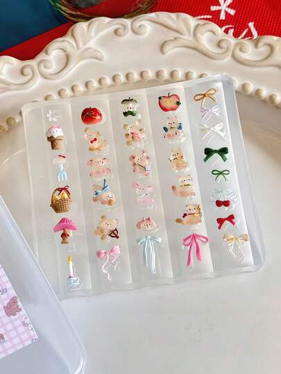 1个可爱小狗、蛋糕、蝴蝶结、猫咪、企鹅美甲模具，多功能透明硅胶美甲装饰模具