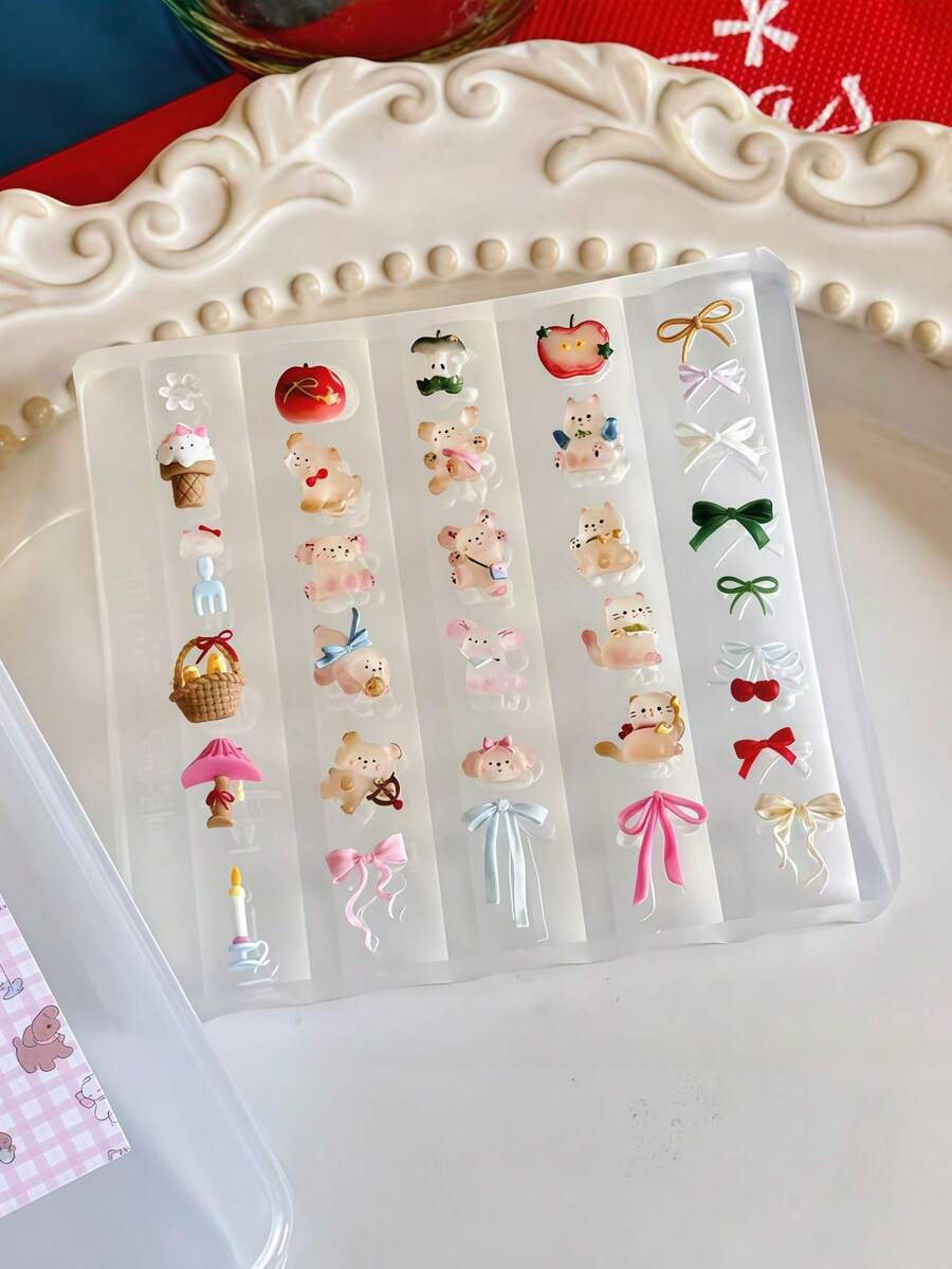 1 pieza Molde de arte de uñas versátil y transparente de silicona con diseños de cachorro lindo, pastel, lazo, gato y pingüino - transparente - Ver 1