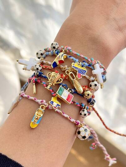 1 pieza Pulsera trenzada con colgante de balón de fútbol, mapa, bandera, cruz, zapato deportivo, estilo náutico bohemio Y2K, elegante, exquisita, de lujo ligero y hermosa, de cobre, para mujeres, hermanas, parejas, graduación y baile de promoción; regalo perfecto para el Día de la Madre, San Valentín, citas diarias, fiestas y vacaciones de verano en la playa; tamaño ajustable