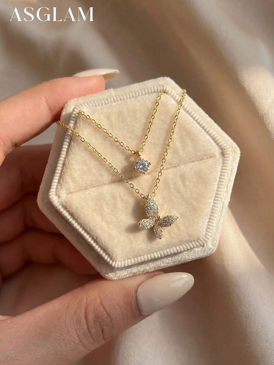 1件优雅双层蝴蝶项链，925纯银精致颈链，精美珠宝礼物，适合女孩日常佩戴和约会