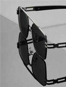 1 Pair Of Women's Black-Silver Double-Bridge Pilot Sunglasses, Metal Material, UV400 Sun Protection, Minimalist Pool-Style Sunglasses, Summer Vacation Style - Multicolor - View 9