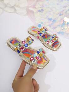 Chanclas de moda para niños, nuevas chanclas de verano para la playa con diseño brillante, decoración de diamante de imitación y punta cuadrada para niñas - Multicolor - Ver 3