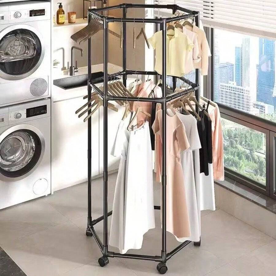 Perchero con Ruedas Giratorio 360°, Organizador de Ropa de Pie con Estante y Ganchos, Perchero de Metal para Dormitorio, Lavandería y Balcón