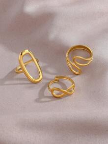 3pcs Minimalist Geometric Line Stainless Steel Adjustable Open Rings, High-End Elegant, Suitable For Women's Daily, Party, And Date Wear - Gold - View 3