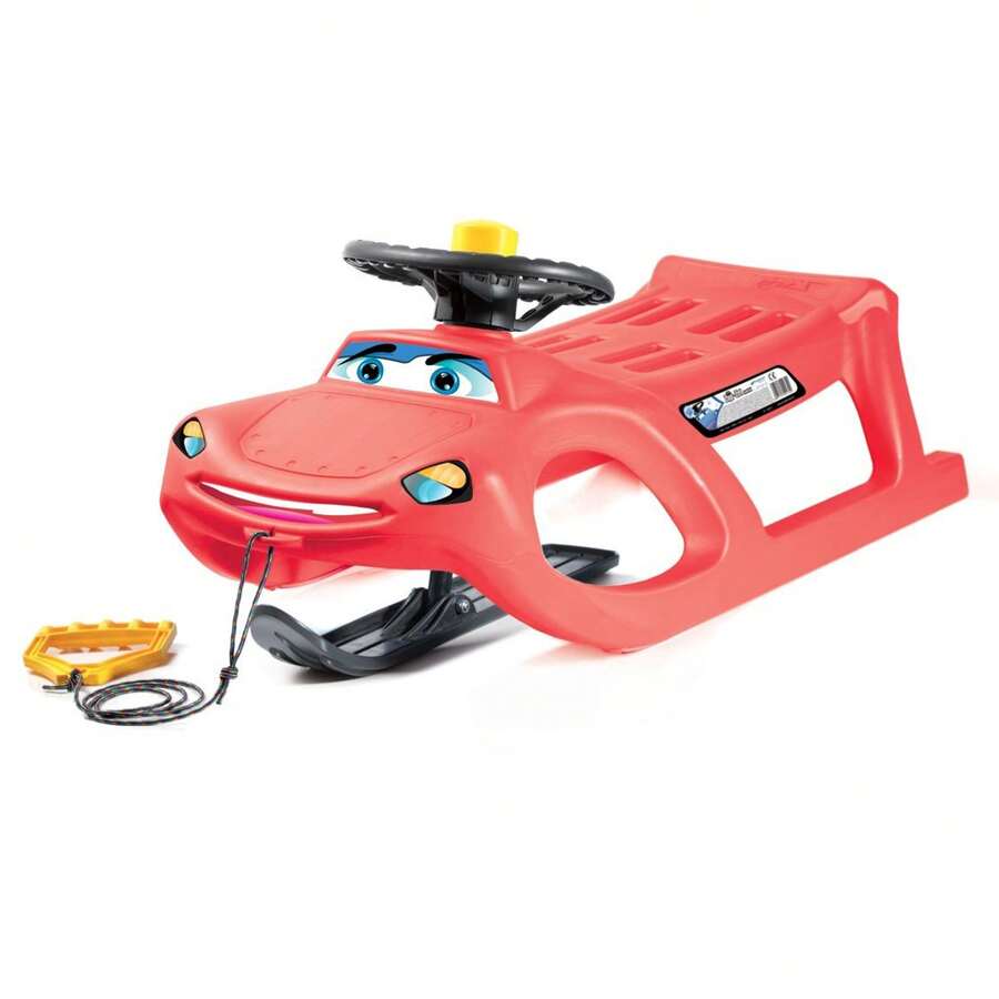 Prosperplast Trineo Zigi-Zet Steering- en forma de coche, con deslizadores de acero y cuerda - con volante y bocina, y pala deslizadora direccionable - Rojo - Ver 1