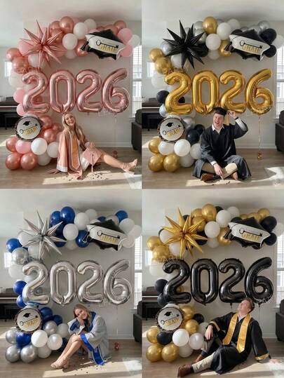 72 قطعة/مجموعة مجموعة بالونات لحفل التخرج، (4 أنماط)، بالونات رقم "2026" مطلية بالذهب الوردي/الفضي/الأسود/الفضي سمك مُعزز، بالونات معدنية بشكل قبعة التخرج، بالونات معدنية مخروطية دمعية زخرفية، 12 قطعة مجموعة نجمية انفجارية، مناسبة لديكورات حفل التخرج 2026