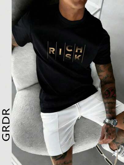  GRDR加大码男士黑色纯色字母印花休闲圆领短袖T恤，适合夏季穿着，舒适透气，引领时尚潮流