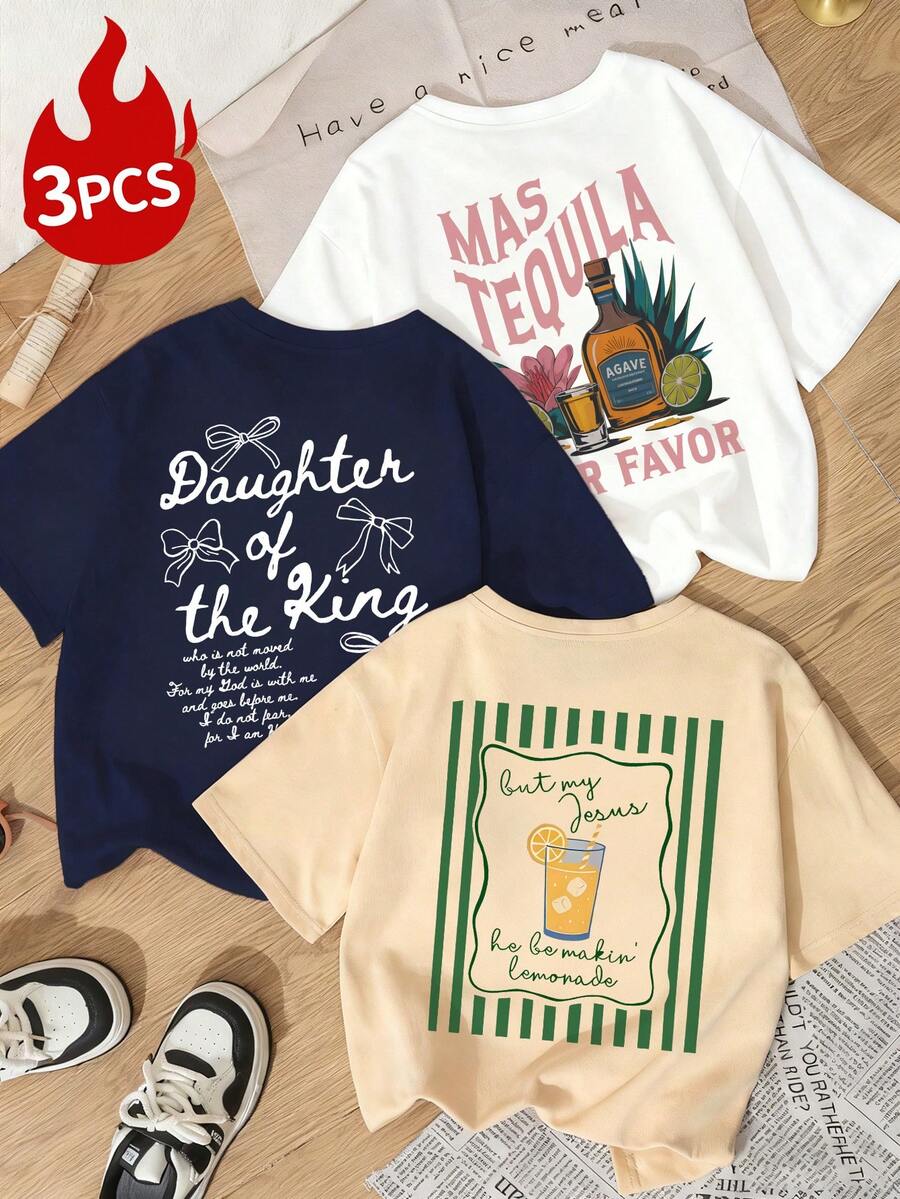 女士圆领字母印花休闲百搭日常短袖T恤 - 彩色 - 查看 1