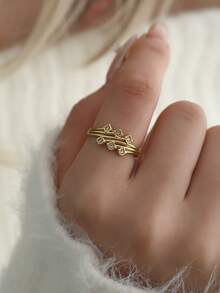 New Minimalist Stainless Steel Double Row Rhinestone Ring, Retro Ins Open Adjustable Ring - Yellow Gold - View 3