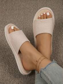 秋冬女士亚麻室内拖鞋，夏日小屋防滑加厚亚麻平底凉鞋，软底，毛绒拖鞋 - 白色 - 查看 11