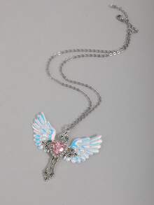 Collar de cadena de plata con cristales de alas de ángel, corazón, libélula, murciélago, cruz y pentagrama, estilo único Y2K para mujeres, de inspiración europea y estadounidense dark punk - Plateado - Ver 4