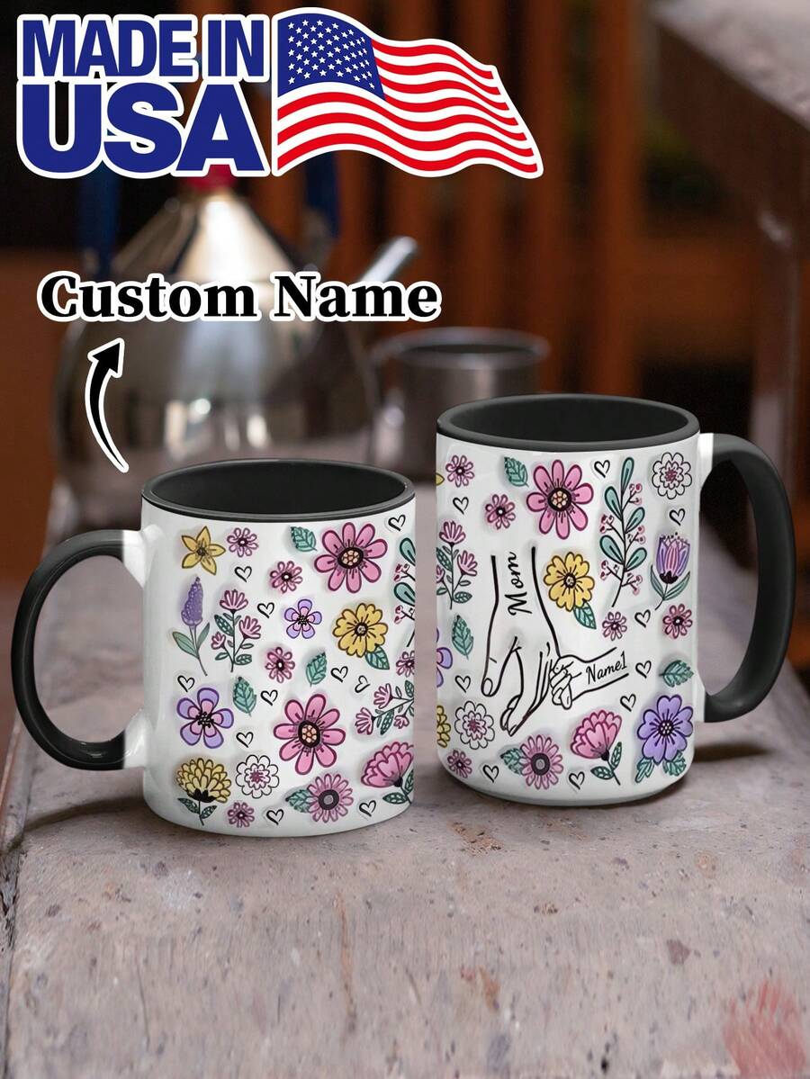 1pc 11oz/15oz Custom Mother's Day Name Mug, Personalized Coffee Cup With Printed Name. The Wrap-Around Pattern On The Mug Can Be Customized With Up To 8 Children Holding Their Mother's Hand. This Mother-Themed Mug With Floral Elements Is An Ideal Gift For Mom And A Unique, Thoughtful Present - 款式9 - 查看 1