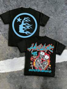 Hellstars Play On The Underground Skeletons Y2K T-Shirt Double Sided Printed (220g 100% Cotton T-Shirt), Summer Clothes, Women's Tops, Casual And Comfortable, Fashionable Graphic Tee, Unisex Style - Black - View 1