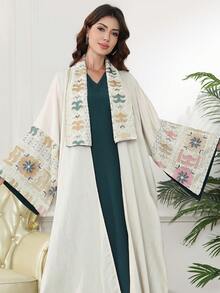 Bộ Abaya truyền thống thêu hạt cườm bạc sang trọng kiểu mới năm 2026 dành cho tháng Ramadan, kèm áo khoác ngoài, thiết kế không tay với cổ tay xẻ, thời trang và cao cấp. - Màu be - Xem 5