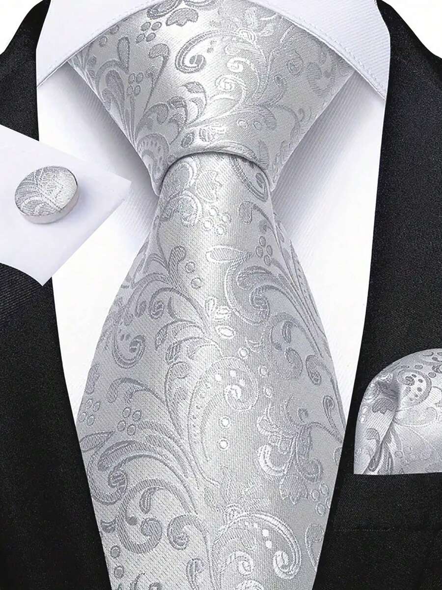 男士领带套装 经典时尚领带套装 含袖扣 商务派对 - 白色 - 查看 1