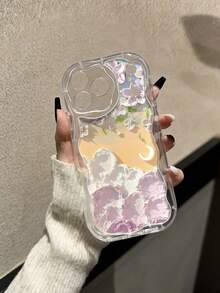 Cream Textured Wavy Edged Glossy Floral & Moon Painted Anti-Drop Phone Case Compatible With IPhone/ Galaxy/ - Multicolor - View 4