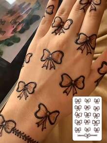 1pc Fashionable Waterproof Brown Henna Bowknot Temporary Tattoo, Cute Girl Design For Hand/Back, Lasting Fake Tattoo Sticker - 卡其色 - 查看 1