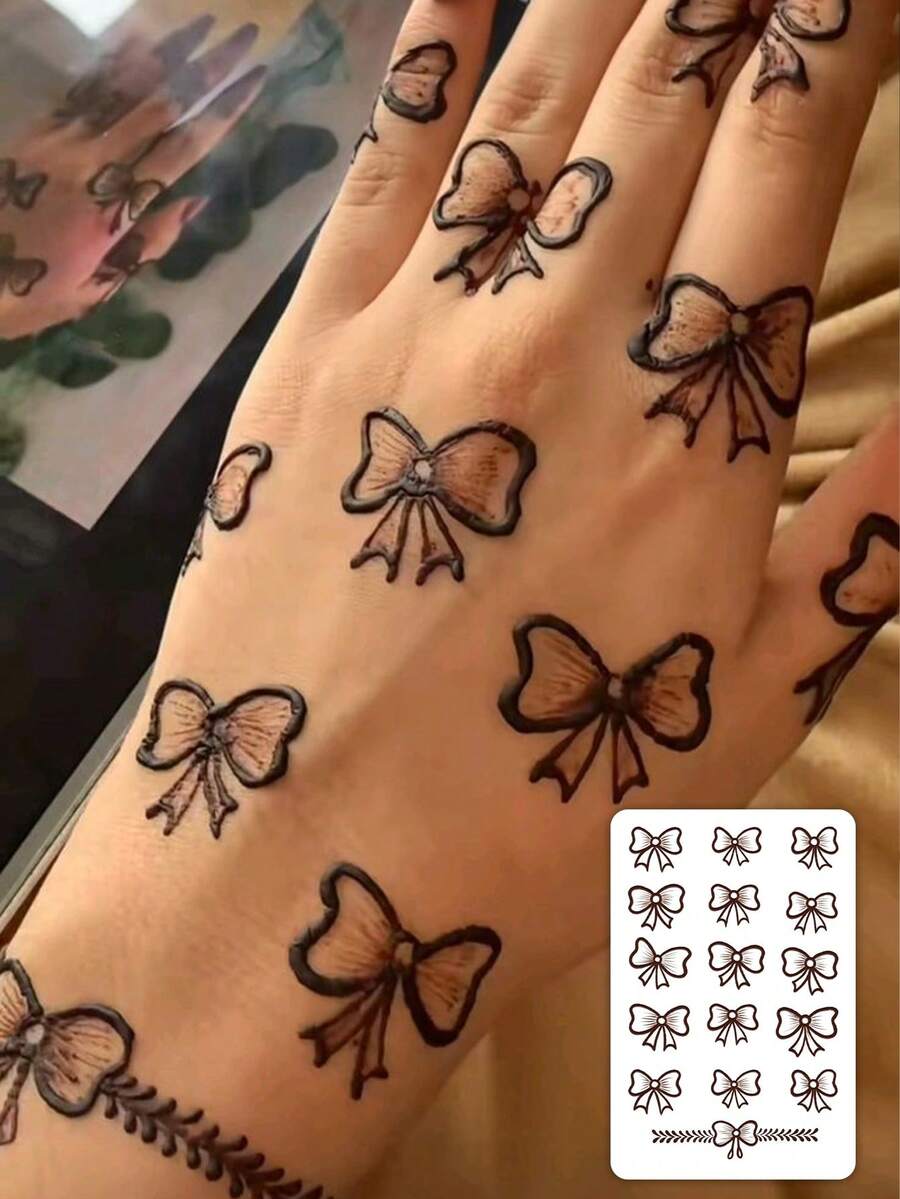 1pc Fashionable Waterproof Brown Henna Bowknot Temporary Tattoo, Cute Girl Design For Hand/Back, Lasting Fake Tattoo Sticker - 卡其色 - 查看 1
