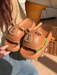 1 Pair Cute Cartoon EVA Anti-Slip Thick Sole Fashionable Casual Flat Sandals, Suitable For Spring/Summer, Teenagers - Khaki - View 3