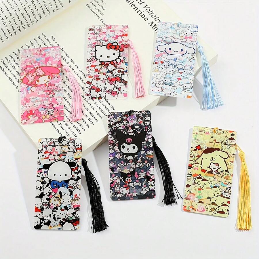 SANRIO 6pcs Character Acrylic Bookmarks Set, Adorable Cartoon Anime Design. Perfect Reading Companion For Anime Fans And Bookworms, These Cute Stationery Items Are A Must-Have.