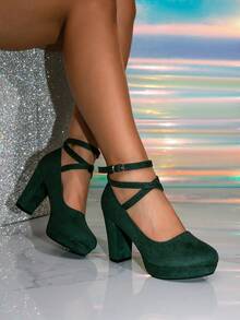 Sepatu Hak Tinggi Hijau Tua, Sepatu Hak Tinggi Wanita Modis, Sepatu Platform Sol Tebal, Cocok untuk Semua Musim, Hadiah Hari Ibu - Dark Green - View 4