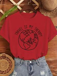 Minimalist Line Graffiti Full-View Design: An Airplane Passing Over The Earth, English Letter Print Pattern, Retro, Simple, Fresh, Fashionable, Spring-Summer, Round-Neck, Short-Sleeve Top, Women's Casual Sports T-Shirt - Minimalist - trắng - Xem 11