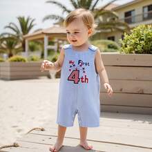 4th Of July Baby Clothes Newborn Girl Boy Smocked Bubble Romper Flag Plaid Overalls Infant First 4th Of July Outfit - 藍紅色 - 查看 3