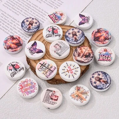 5pcs Good Friday Jesus Silicone Beads, 28mm Random Mixed Text/Pattern Printed Pierced Beads, Christian Memorial Decor Beads, Suitable For DIY Decorations, Applicable For Memorial Events Or Bracelet Pendants