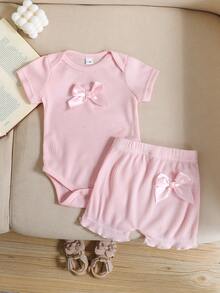 Bộ áo liền quần và quần short dễ thương cho bé gái sơ sinh, phối nhiều màu sắc, trang phục mặc hàng ngày cho bé tập bò, mùa hè. - Hồng - Xem 3