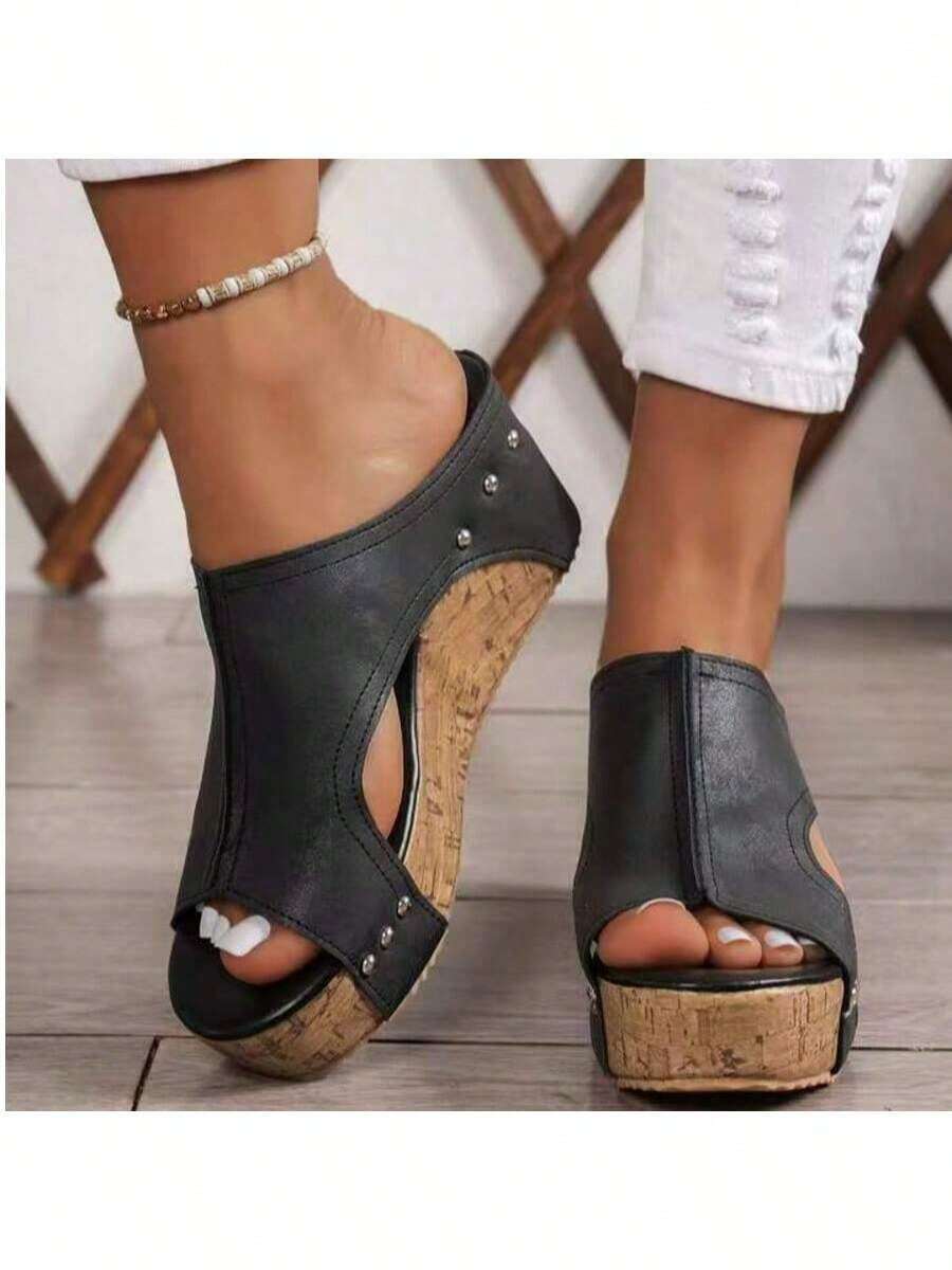 Wedge-Heeled Thick-Soled Open-Toe Sandals, Light Brown Faux Suede, Stylish Hollowing, Rivet Details, Great With Jeans - 黑色 - 查看 1