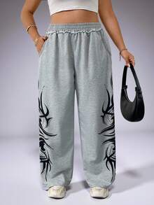 1pc Women Plus Size Fashion Casual High Waist Elastic Ruffle Hem Wide Leg Pants, Autumn/Winter Printed With Pockets Spring - Grey - View 6