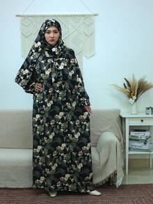 Women's Oversized Prayer Robe With Printed Design, Dignified Long Sleeve Woven Robe With Applique Details, Floor-Length Islamic Clothing Black - Black - View 2
