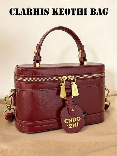 Fashion New Elegant Temperament Solid Color Pu Fabric Portable Square Bag, Minipu Bag, Pure Waterproof Fabric Burgundy Bag, Letter Pattern Decorative Design Box Bag, Suitable For Travel Shopping, Parties, Parties, Commuting.