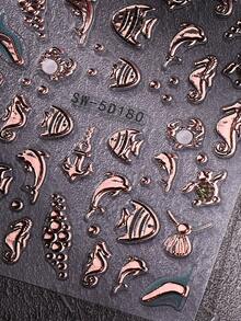 2张5D立体玫瑰金海洋主题美甲贴纸，自粘装饰贴纸，图案包括海马、海豚、鱼、海龟、锚、贝壳等，适合海滩度假、夏季美甲DIY、美甲沙龙、居家美甲用品 - 彩色 - 查看 8