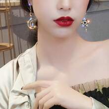 Elegant Silver Asymmetrical Star And Moon Earrings, Long Tassel Shiny Personalized Earring Jewelry - Multicolor - View 3