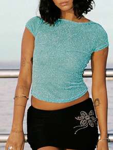 Womens Glitter Top Stretchy Short Sleeve T Shirt Y2k Slim Fit Sheer Summer Tees Sparkly Sheer Metallic Crop Tops - 湖藍色 - 查看 3
