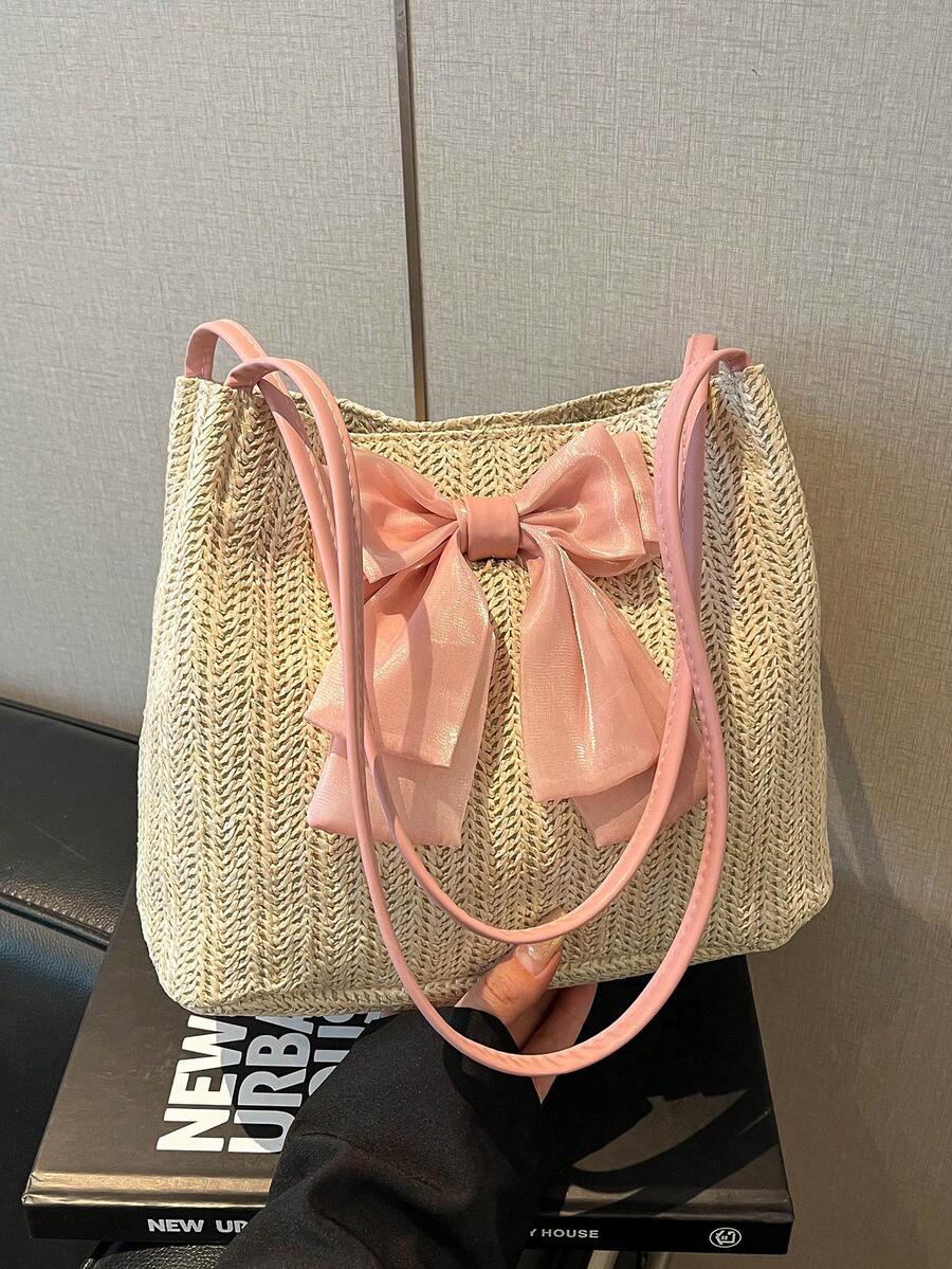 Fashionable Straw Bow Decor Shoulder Bag, Suitable For Girls And Ladies, For Vacation And Beach - Pink - View 1