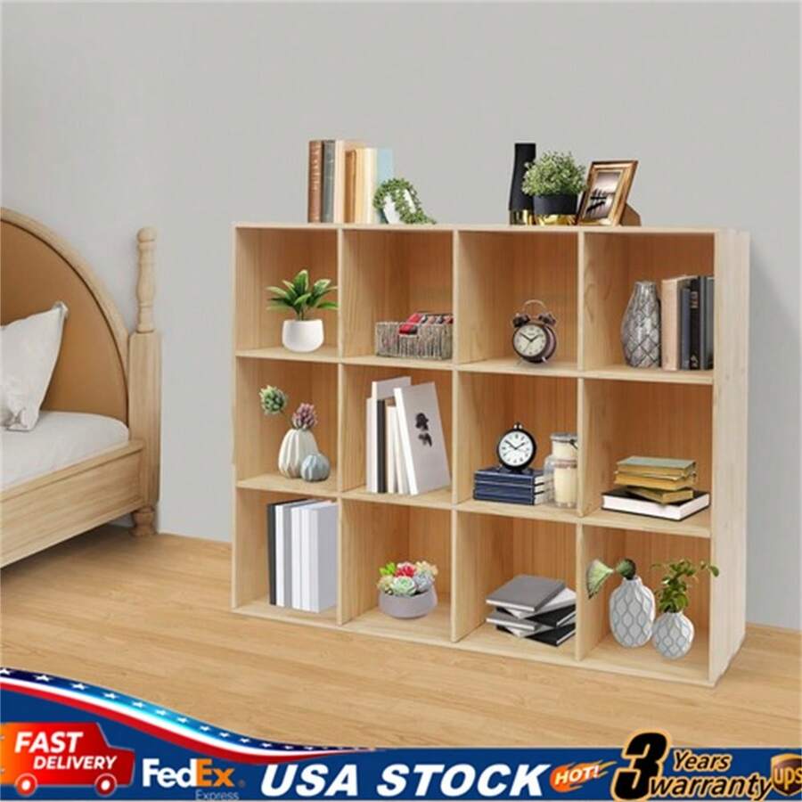 gladney Log Color 12-Compartment 3-Tier Solid Wood Bookcase 47.2x11.8x35.4in Open Shelf Storage Organizer For Living Room Office Dorm With Anti-Collision Corners And 100kg Load Capacity - Brown - View 1