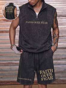 Simple-Men's Summer Washed Distressed Half-Zip Vest Set - Black - View 3