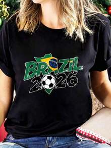 Spring Essential Women'sUnisex Brazil 2026  World Cup Graphic T-Shirt, Soccer Fan Short Sleeve Tee With Brazil Flag & Map Print For Game Day 
 Casual Crew Neck Tee For Daily & Vacation - 黑色 - 查看 1