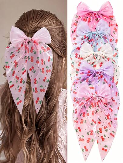 5件装成人女士蝴蝶结樱桃印花弹簧发夹发饰，清新甜美樱桃印花布艺发夹，百搭休闲约会发夹，少女气息枕部发饰