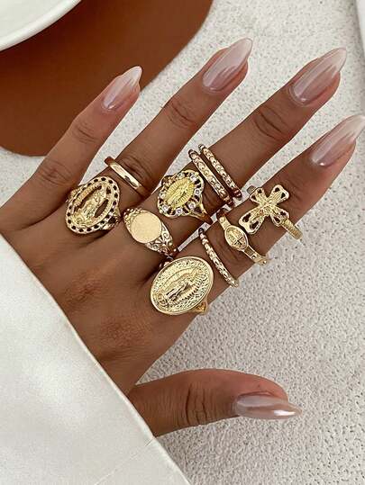 10pcs Exaggerated Rhinestone Crown & Cross Punk Fashion Finger Rings, Suitable For All Occasions, Great Gift Choice