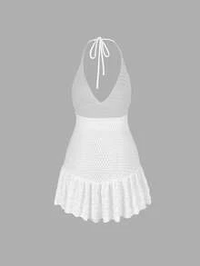 Women's Summer Vacation Bohemian Style Fashion Camisole Backless Fitted Solid Color Ruffle Design Sexy Crochet Cover-Up Dress White Beach - White - View 9