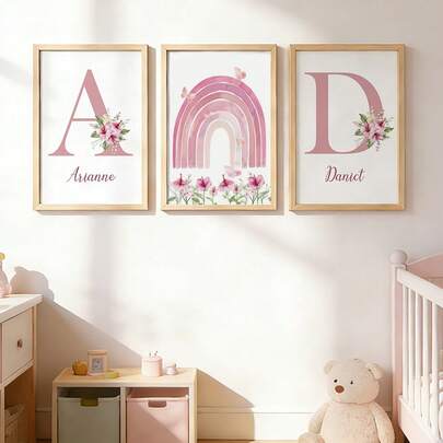 3Pcs Pink Personalized Name Wall Posters Custom Canvas Pictures Rainbow Flowers Canvas Hanging Pictures Big Sister Little Sister Name Poster Kids Room Wall Decoration Stuff Girls Bedroom Decor Christmas Present Ideal Gifts For Family Friends Living Room Bedroom Decor