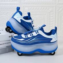 儿童蓝白条纹轮滑鞋，带旋转扣，四轮可伸缩，男女童皆宜 - 藍色 - 查看 17