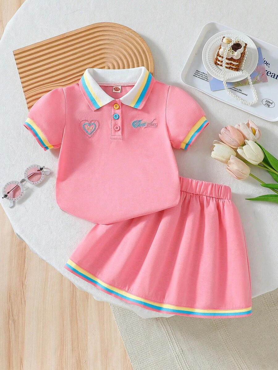 Set de 2 piezas, Parte superior con cuello bordado estilo lindo + Falda casual de patchwork para niña joven - Rosa - Ver 1